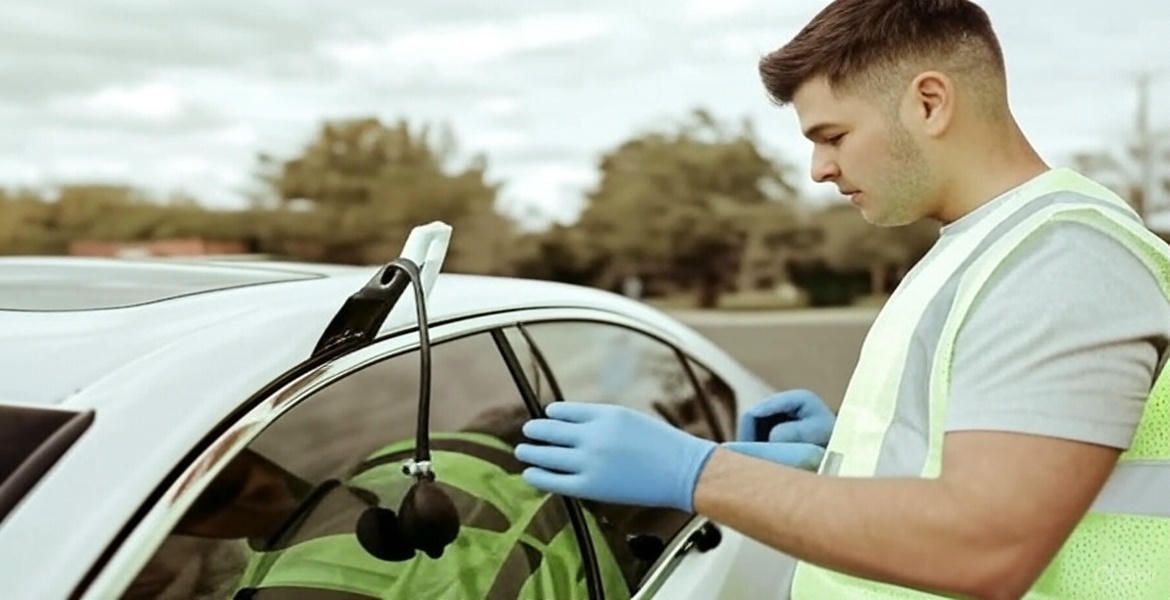 Technician unlocking a vehicle using professional lockout tools during a roadside call.