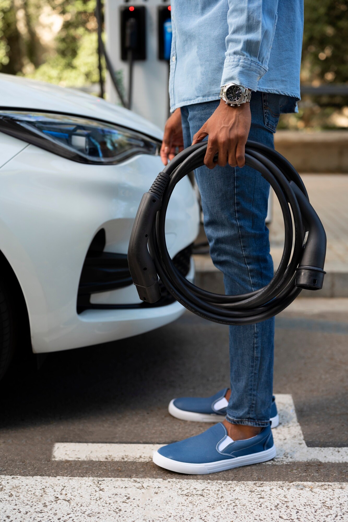 Side View Man Holding Charging Cable 23 2149530097